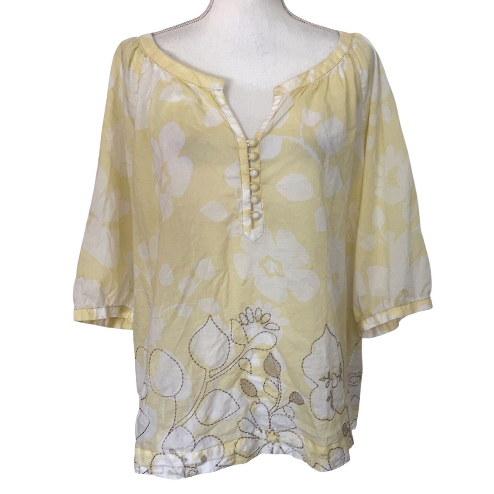 CAbi Yellow Songwriter Yellow White Tunic Blouse 3/4 sleeve SZ: XL